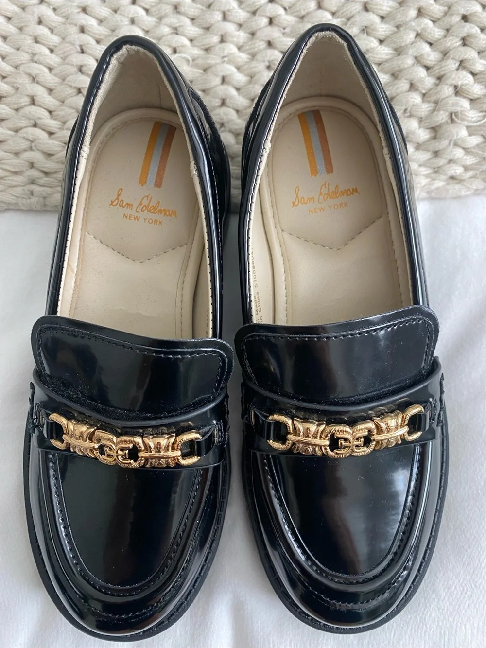 Sam Edelman Black Patent Loafers with Gold Chain Accent